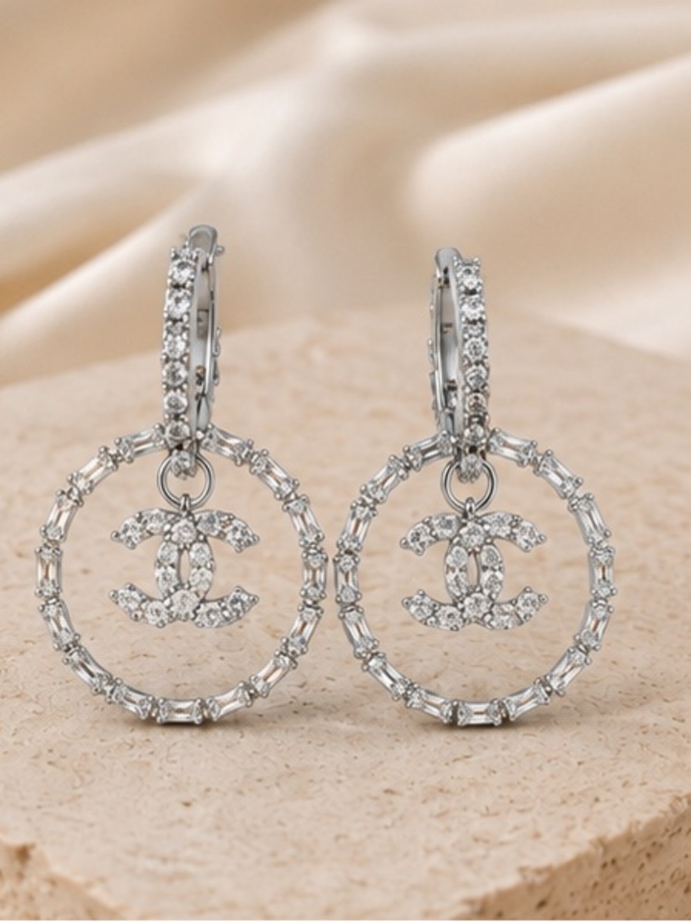 Designer Inspired Crystal Circle Drop Hoop Earrings Silver